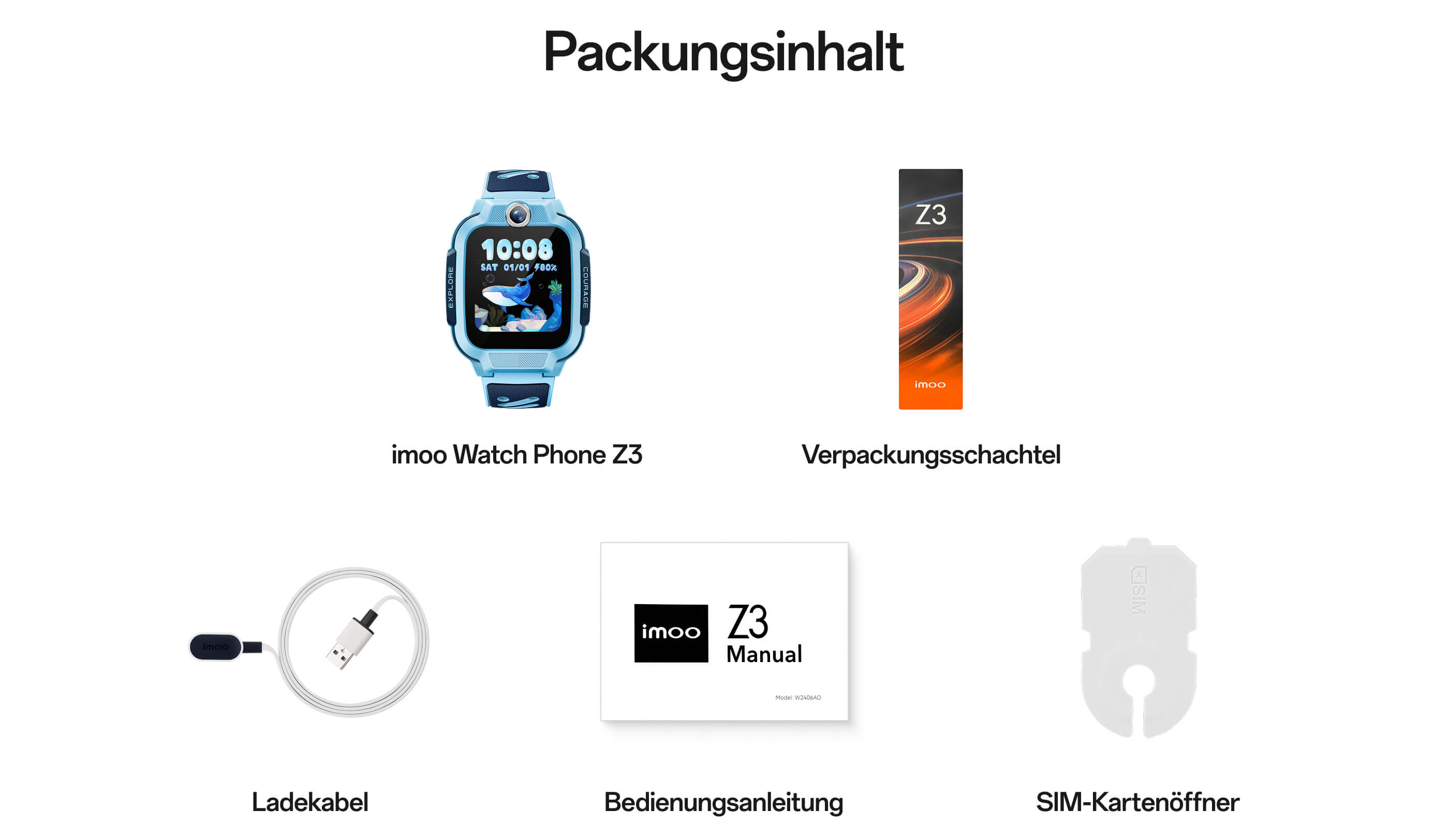 Packungsinhalt: imoo Watch Phone Z3;Verpackungsschachtel;Ladekabel;Bedienungsanleitung;SIM-Kartenöffner
