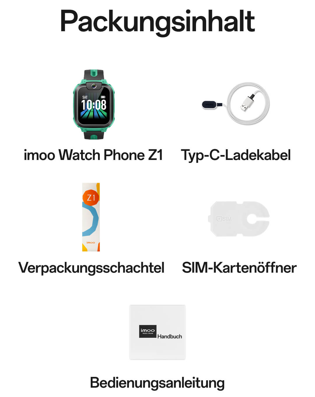 Packungsinhalt:imoo Watch Phone Z1,Verpackungsschachtel,Typ-C-Ladekabel,Bedienungsanleitung,SIM-Kartenöffner