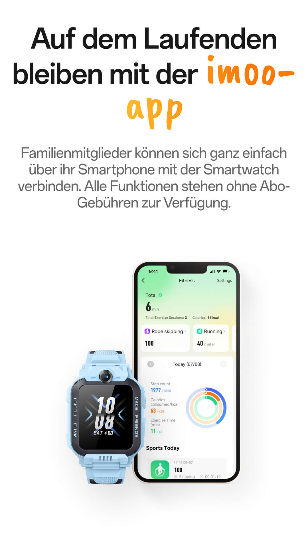 Auf dem Laufenden bleiben mit der imoo App. Familienmitglieder können sich ganz einfach über ihr Smartphone mit der Smartwatch verbinden. Alle Funktionen stehen ohne Abo-Gebühren zur Verfügung.