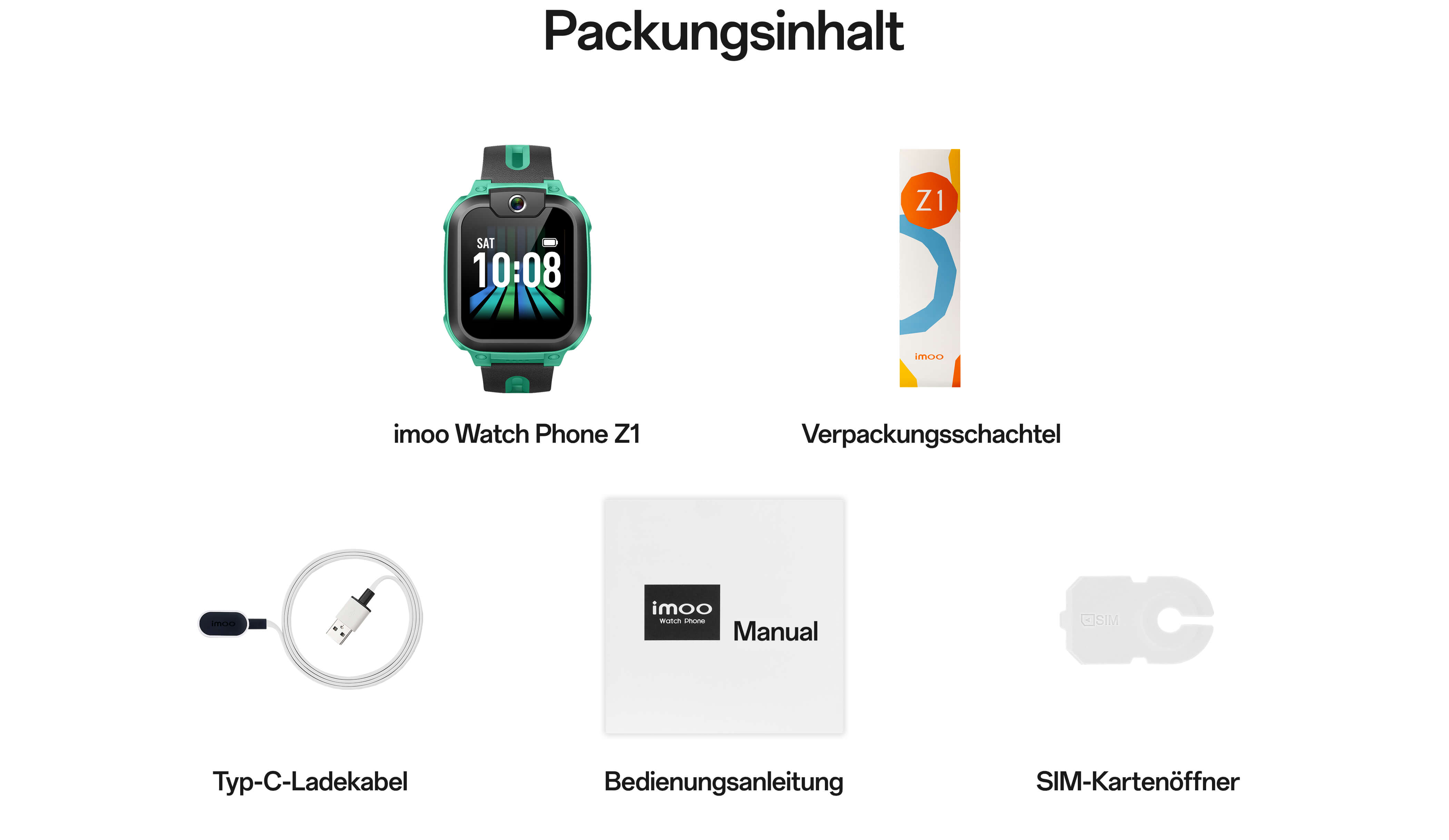 Packungsinhalt:imoo Watch Phone Z1,Verpackungsschachtel,Typ-C-Ladekabel,Bedienungsanleitung,SIM-Kartenöffner
