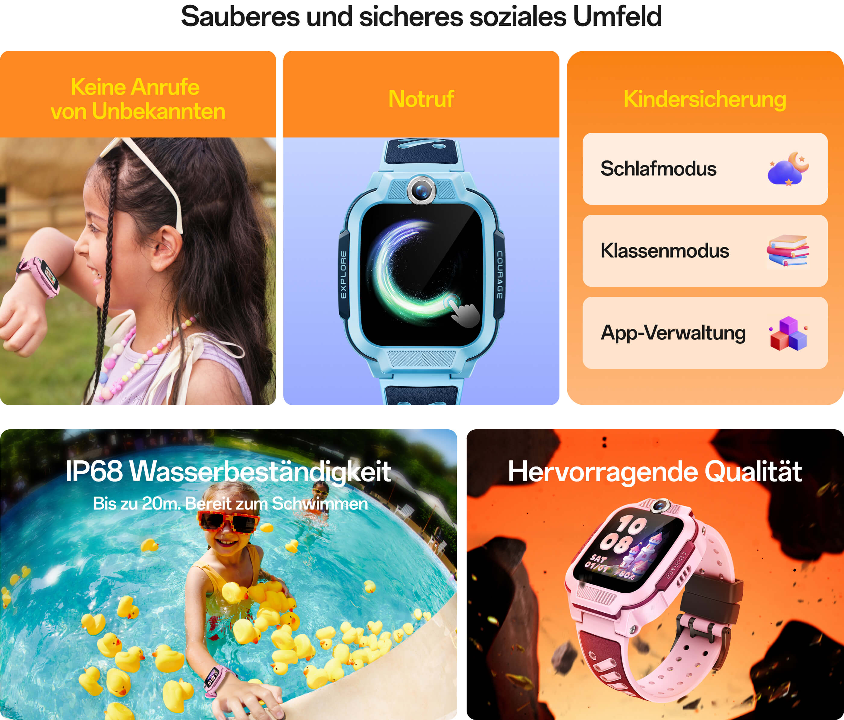Merkmale:Sauberes und sicheres soziales Umfeld;Keine Anrufe von Unbekannten;Notruf;Kindersicherung; Schlafmodus;Klassenmodus;App-Verwaltung;IP68 Wasserbeständigkeit;Bis zu 20m;Bereit zum Schwimmen;Hervorragende Qualität;