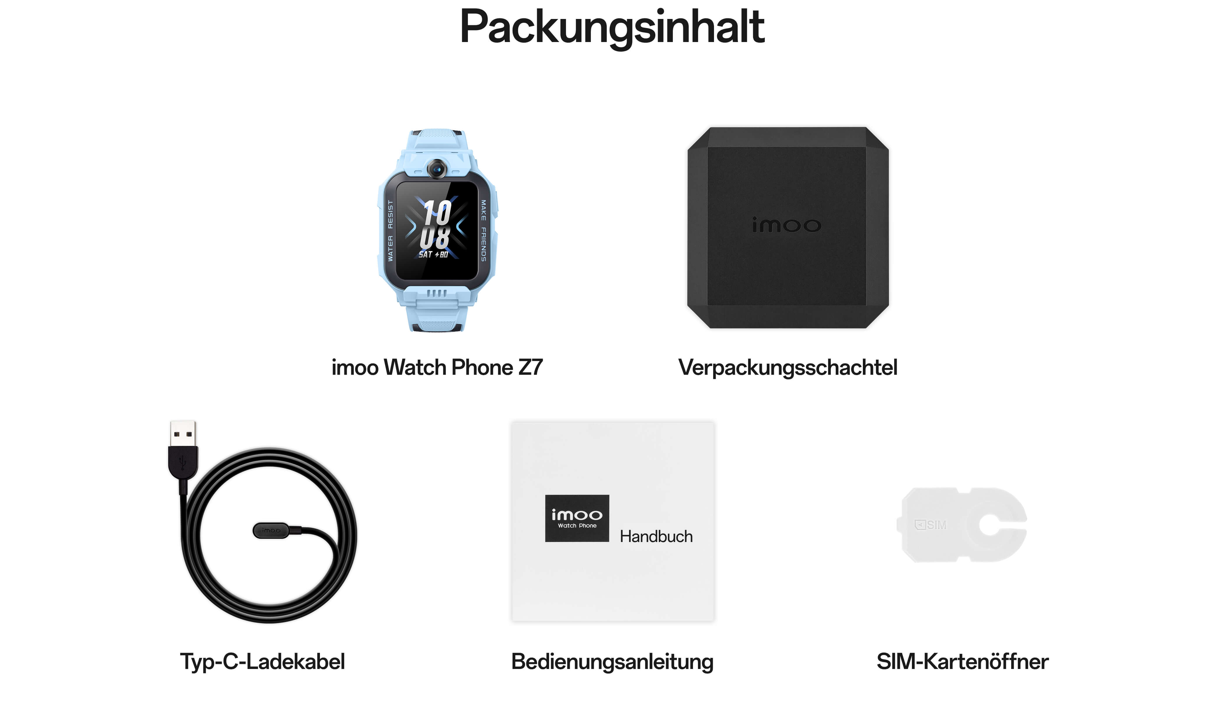 Packungsinhalt:imoo Watch Phone Z7,Verpackungsschachtel,Typ-C-Ladekabel,Bedienungsanleitung,SIM-Kartenöffner