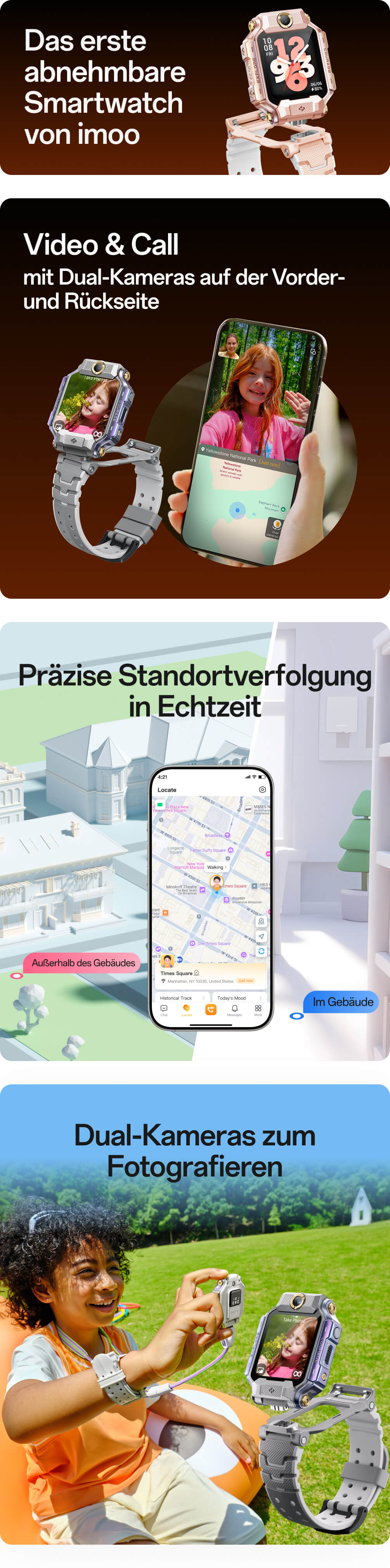 Das erste abnehmbare Watch Phone von imoo;mit Dual-Kameras auf der Vorder- und Rückseite;Präzise Standortverfolgung in Echtzeit;Dual-Kameras zum Fotografieren