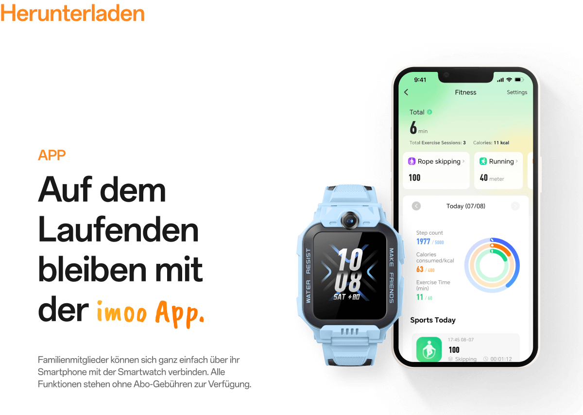 Auf dem Laufenden bleiben mit der imoo App. Familienmitglieder können sich ganz einfach über ihr Smartphone mit der Smartwatch verbinden. Alle Funktionen stehen ohne Abo-Gebühren zur Verfügung.