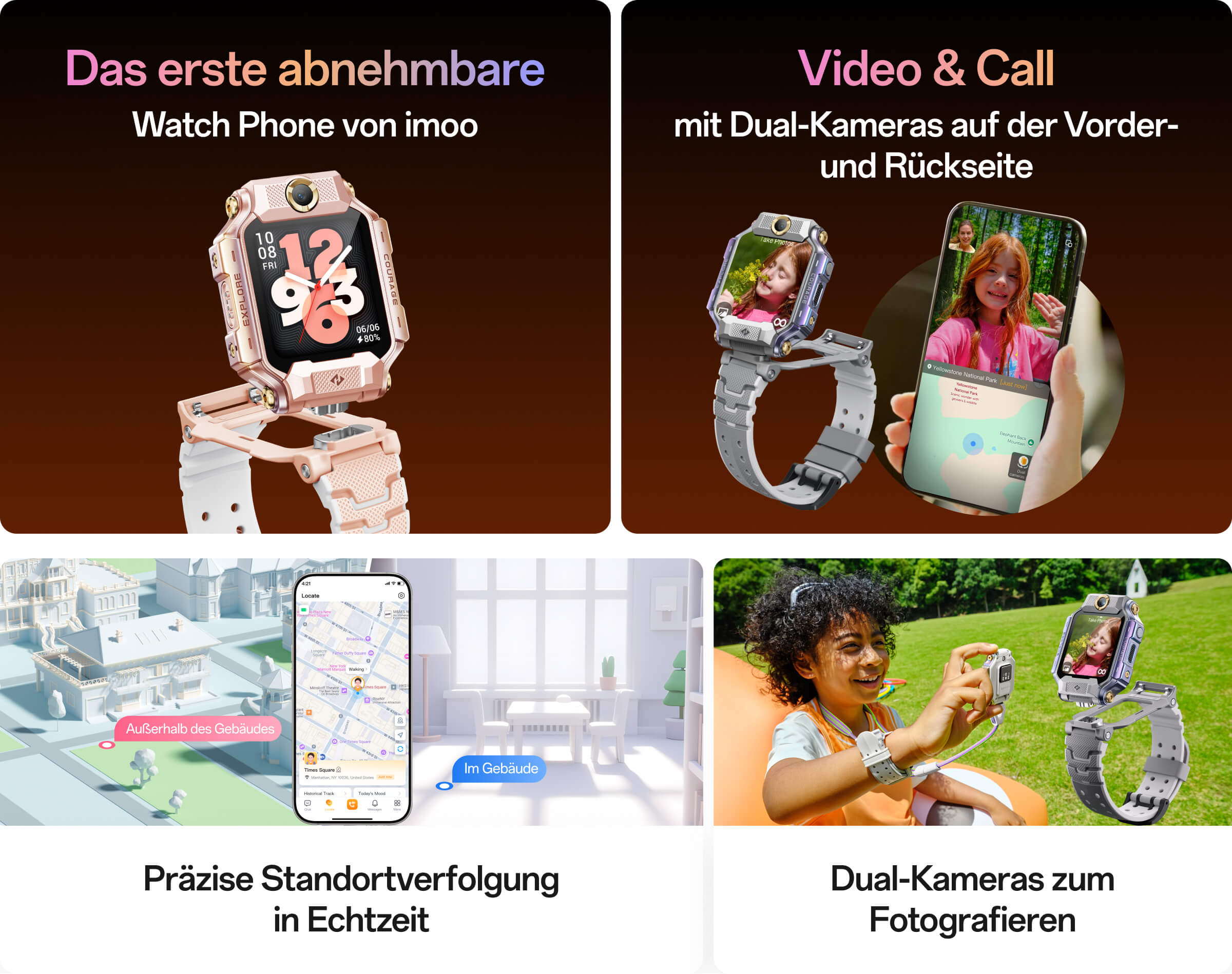 Das erste abnehmbare Watch Phone von imoo;mit Dual-Kameras auf der Vorder- und Rückseite;Präzise Standortverfolgung in Echtzeit;Dual-Kameras zum Fotografieren