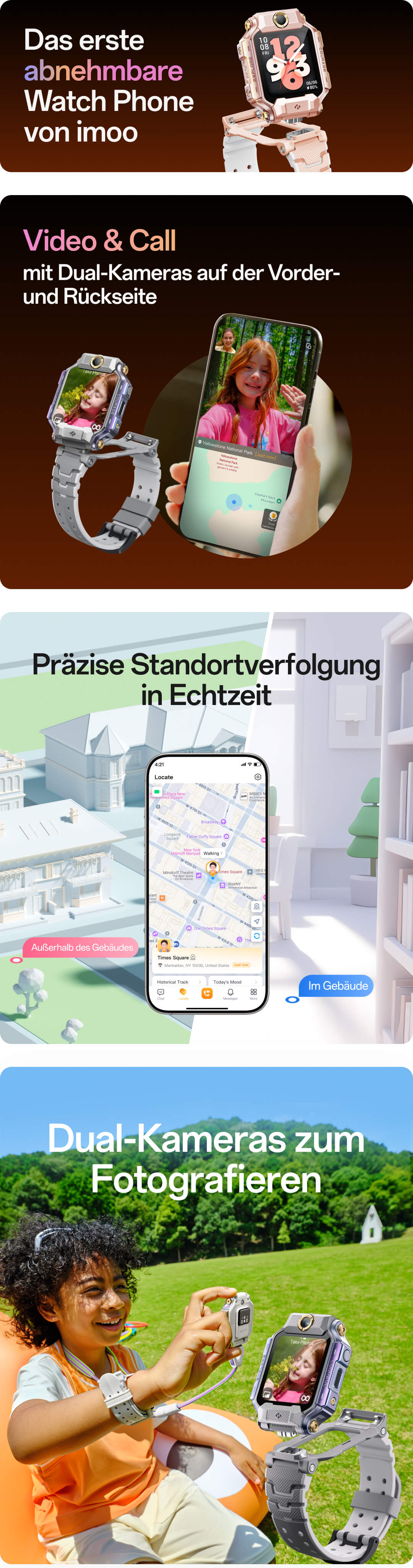 Das erste abnehmbare Watch Phone von imoo;mit Dual-Kameras auf der Vorder- und Rückseite;Präzise Standortverfolgung in Echtzeit;Dual-Kameras zum Fotografieren