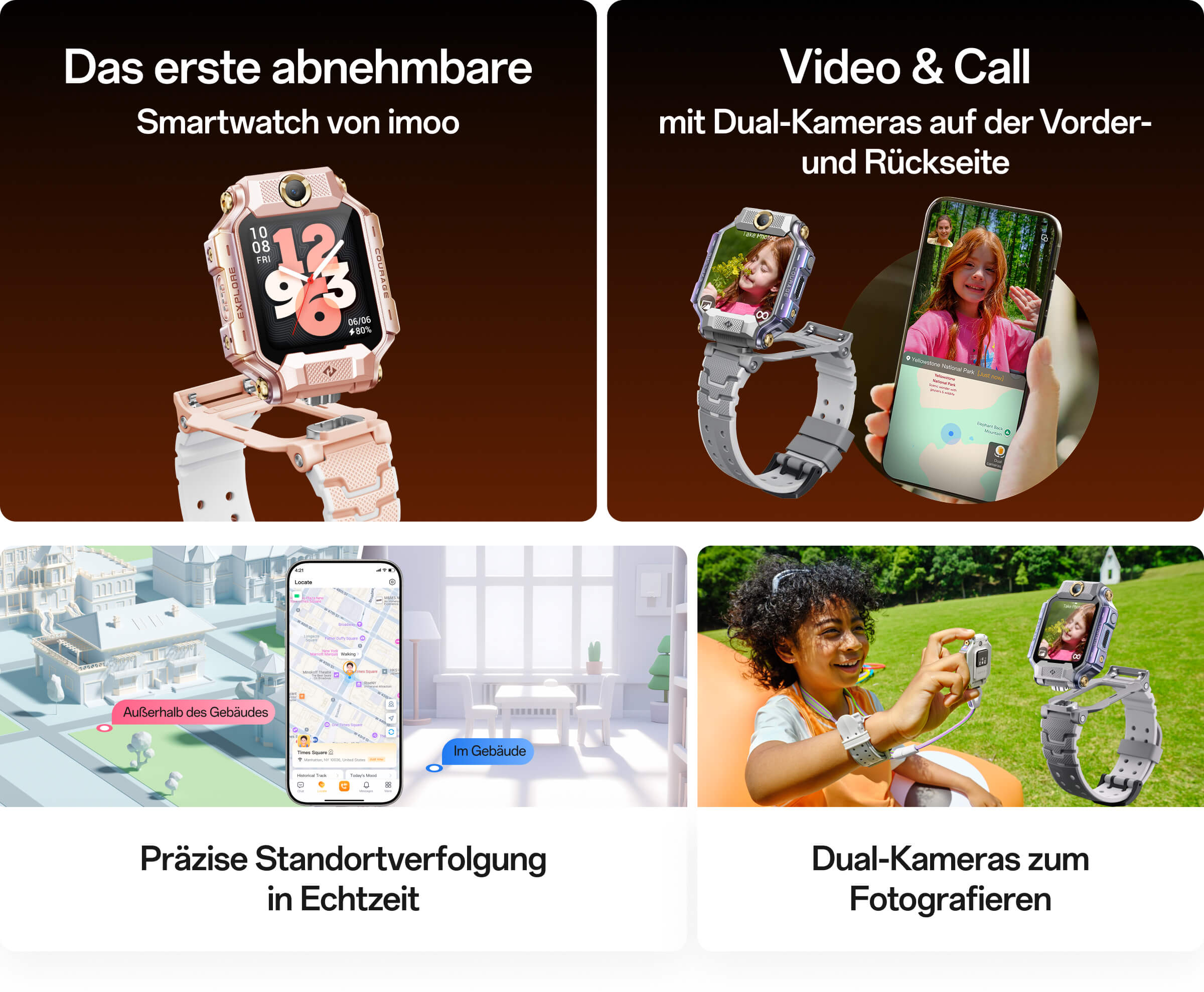 Das erste abnehmbare Watch Phone von imoo;mit Dual-Kameras auf der Vorder- und Rückseite;Präzise Standortverfolgung in Echtzeit;Dual-Kameras zum Fotografieren
